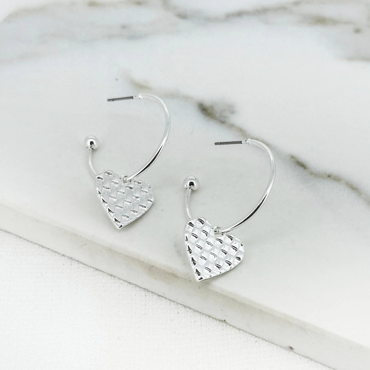 Silver Heart Charm Hoop Earrings