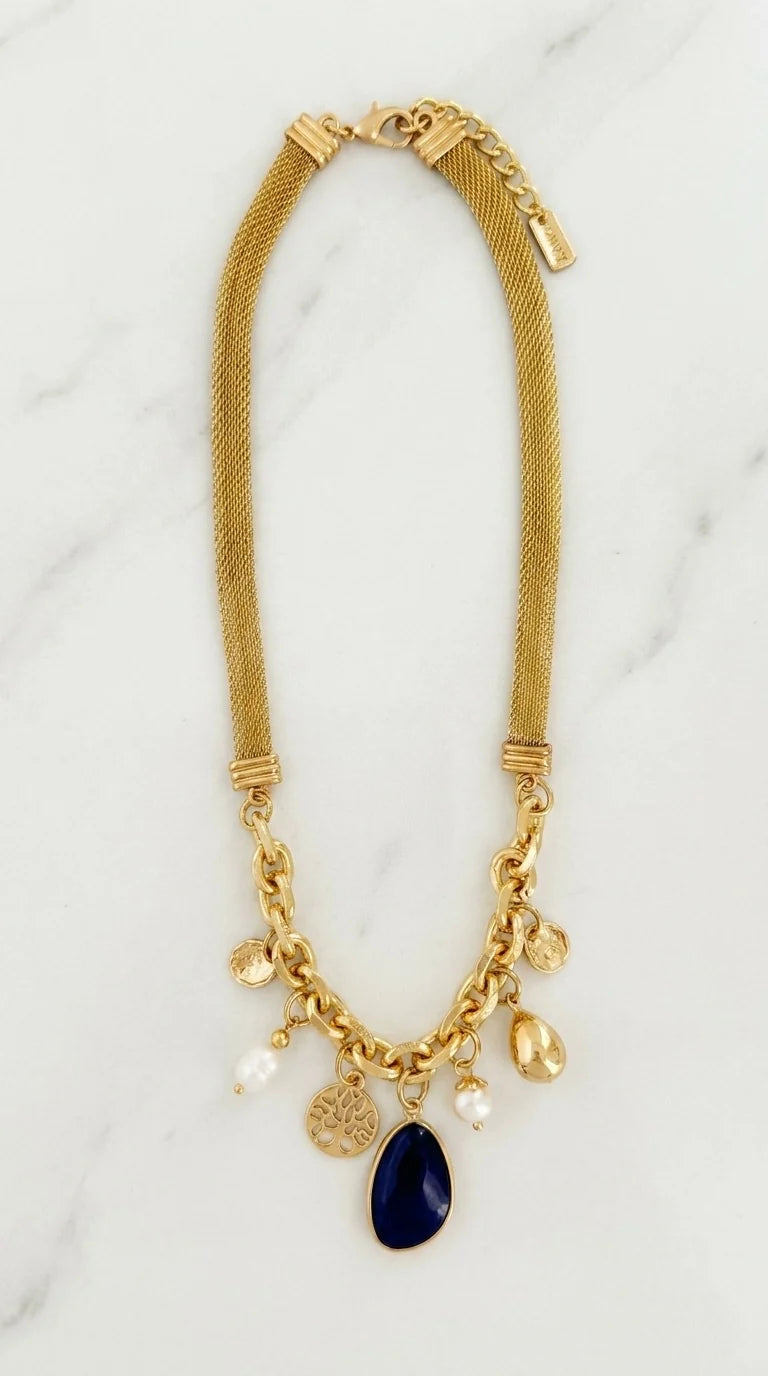 Gold Mesh Charm Necklace with Blue Stone