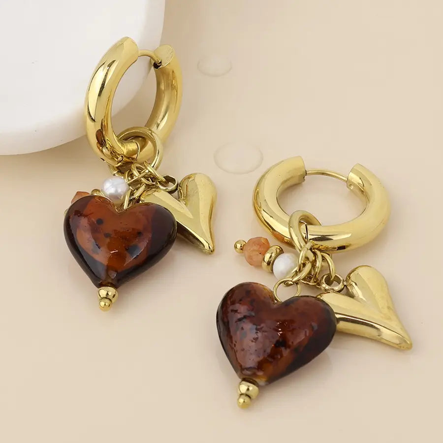 Treasure stainless steel gold plated brown and gold heart hoop earrings