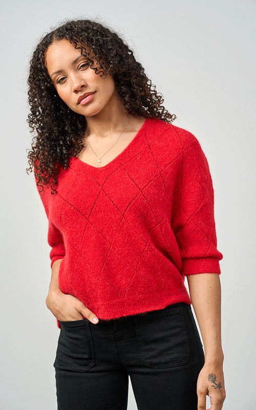 Woman wearing Luella Montrose short-sleeve red alpaca diamond pattern V-neck knit jumper