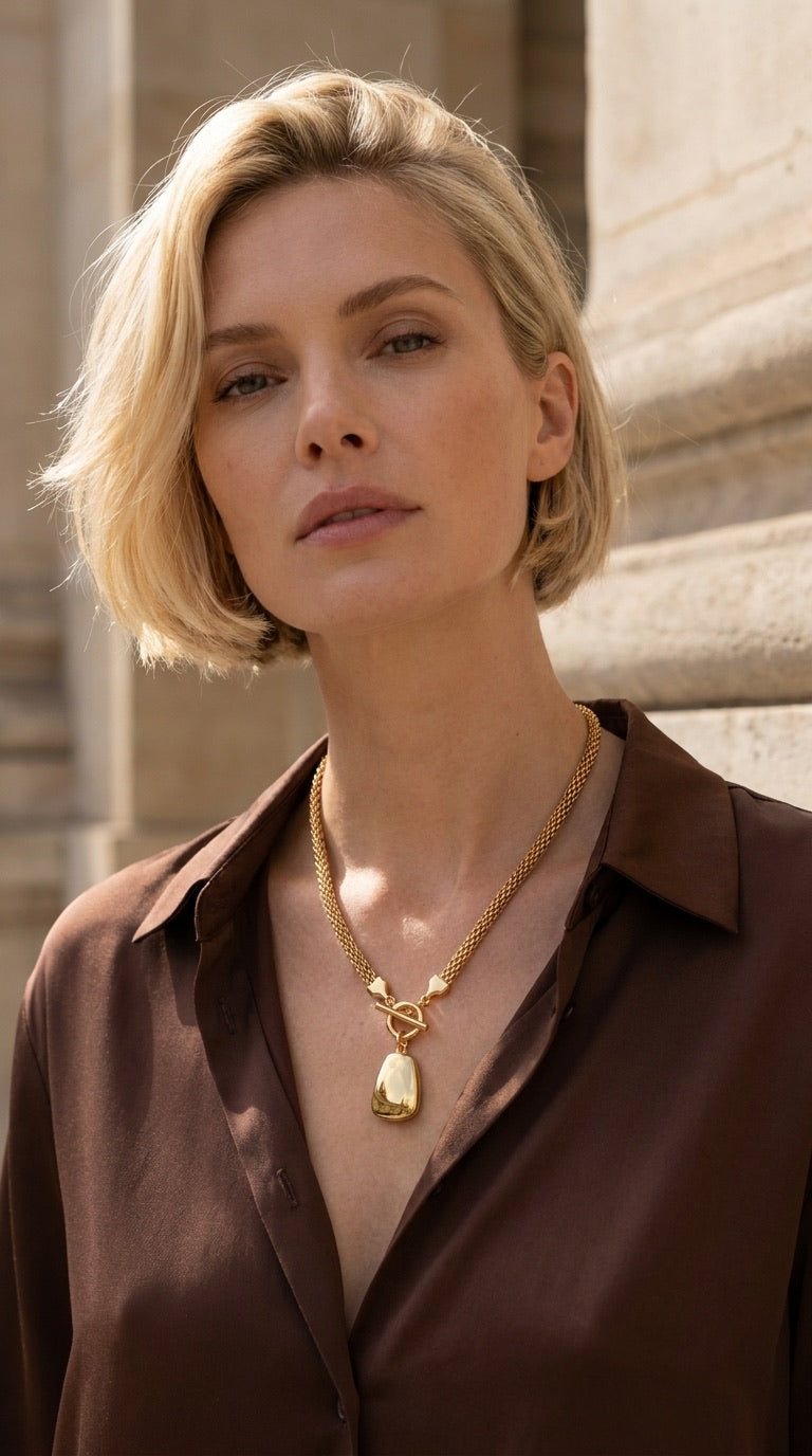 Model wearing Envy gold double mesh chain T-bar necklace with pebble pendant with chocolate brown satin shirt