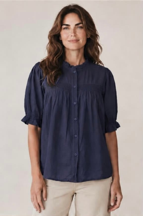 Sasa Button Cotton Blouse in Navy