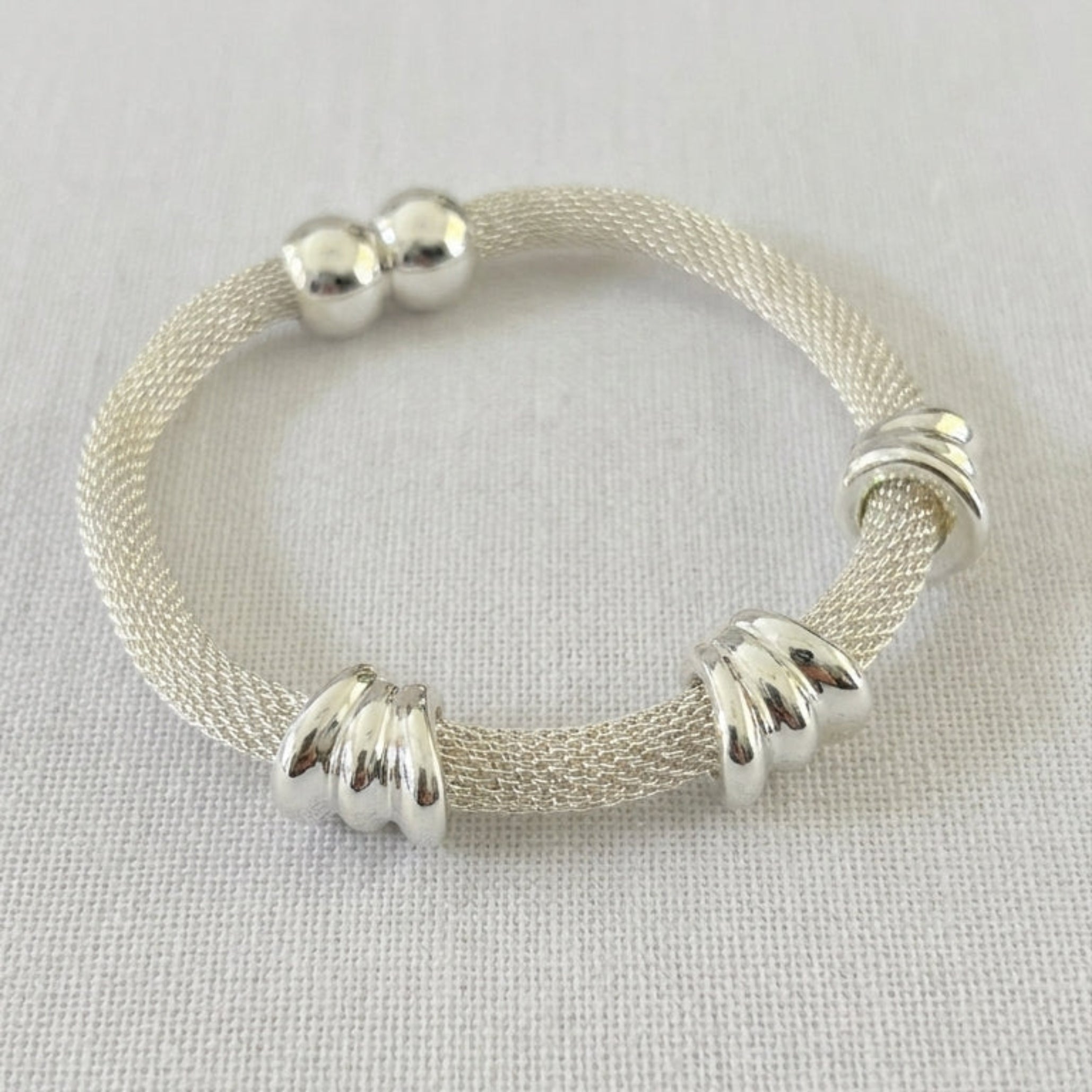 Silver Mesh Tube Bracelet with Bead & Ring Accents