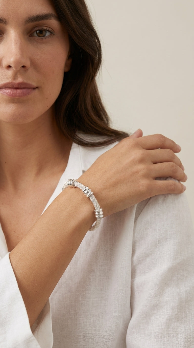 Silver Mesh Tube Bracelet with Bead & Ring Accents