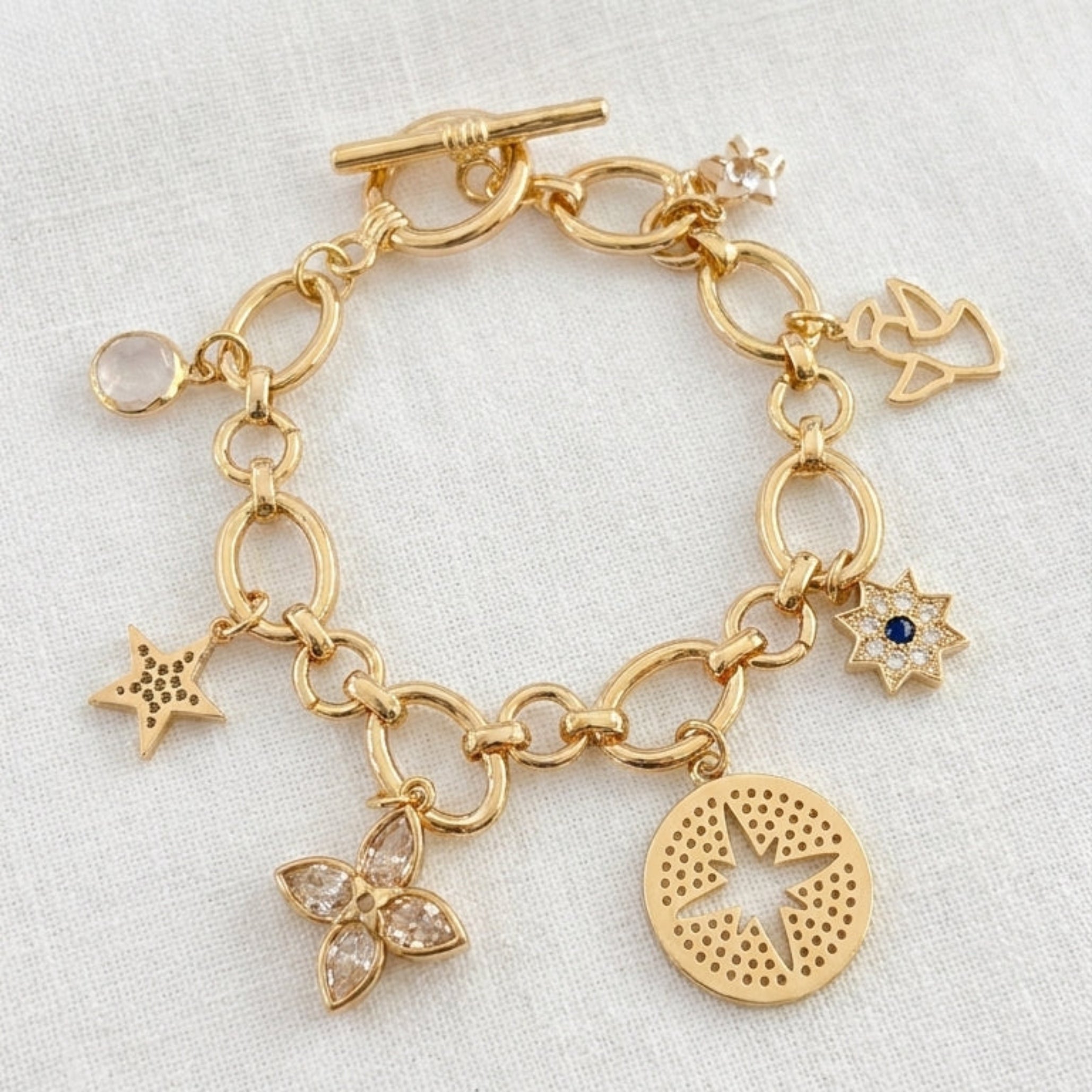 Gold Charm Bracelet with Crystal Clover & Coin Disc