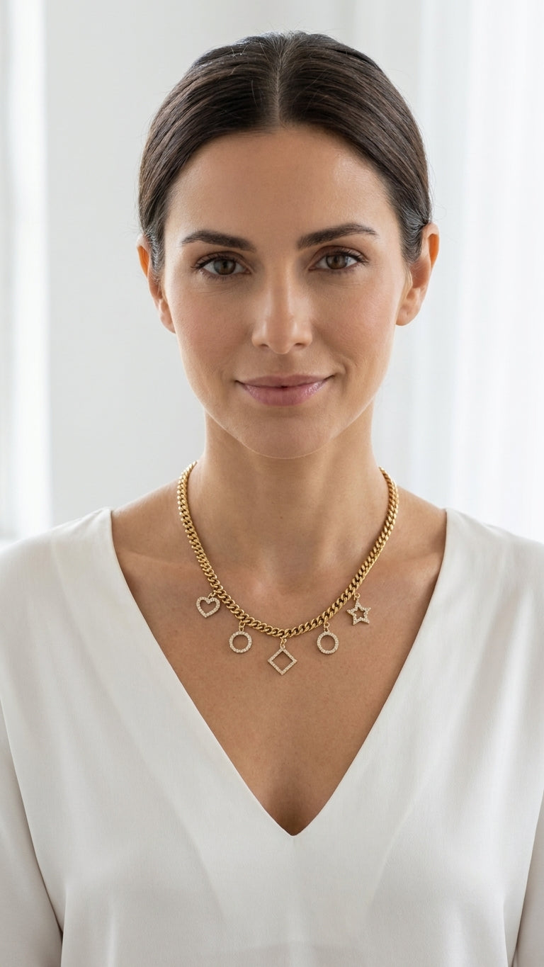 Model wearing Envy gold curb chain pavé geometric charm necklace with white v-neck top
