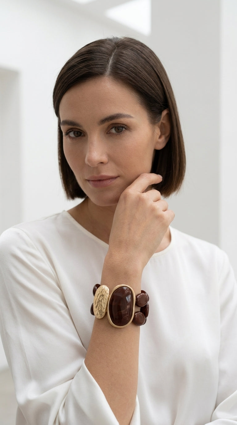 A woman with short brown hair wearing a white blouse and a wide brown and gold cuff bracelet, posing in a bright, minimalist white room.