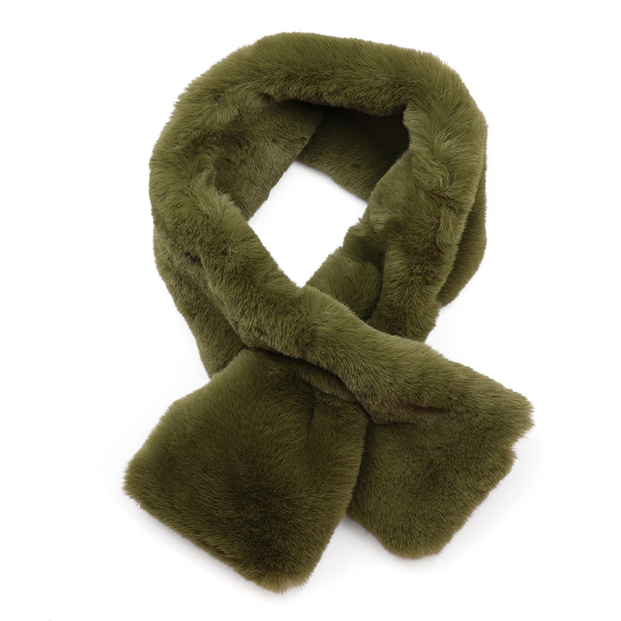 POM Natalia olive faux fur pull-through scarf styled through itself against a white background, showing the plush, fluffy rich olive green faux fur fabric and the neat pull-through opening at the front.
