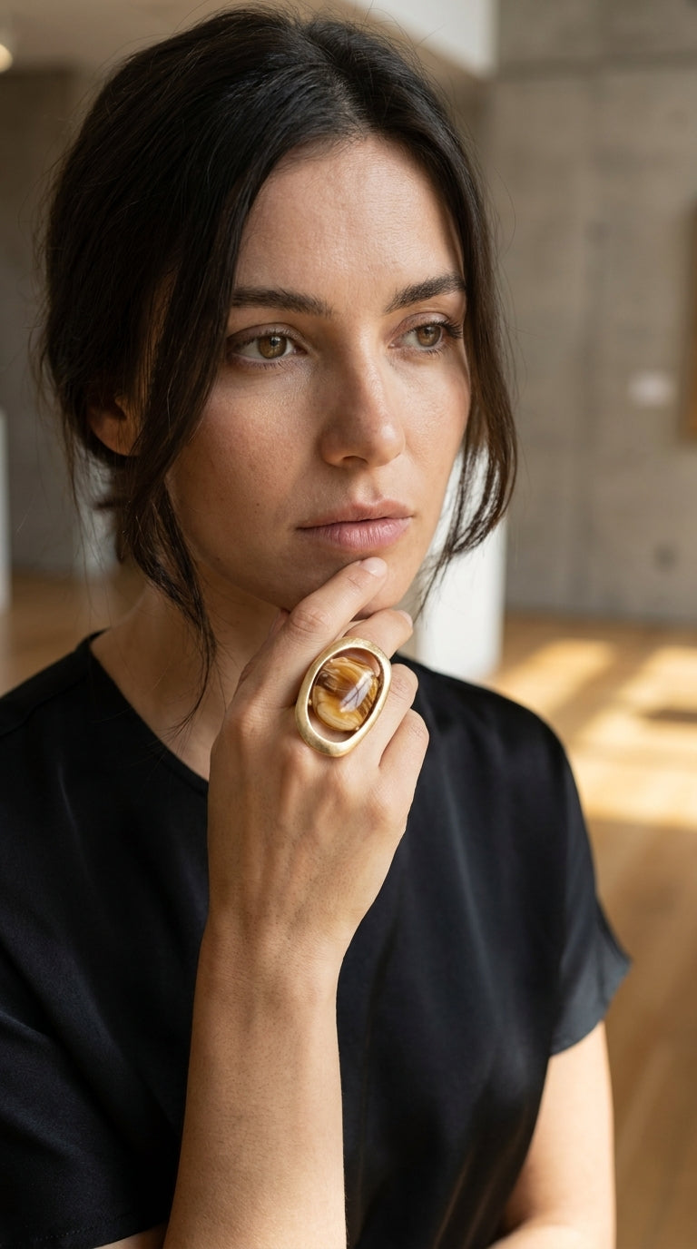 A woman wearing a large statement ring with a gold-toned setting and a brown tiger's eye stone, posing in a black top against a softly lit indoor background.