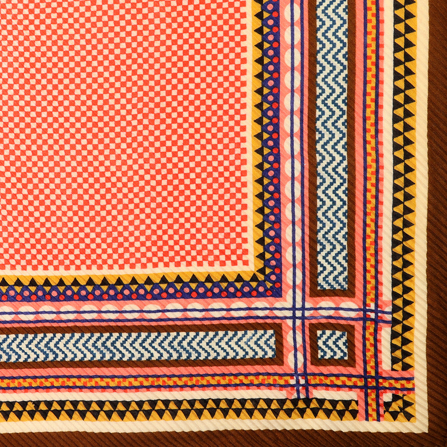 Square brown, coral and mustard mix geometric crinkle scarf