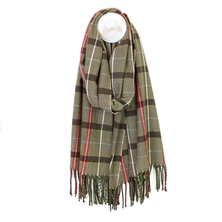 Hugo olive red and brown tartan scarf