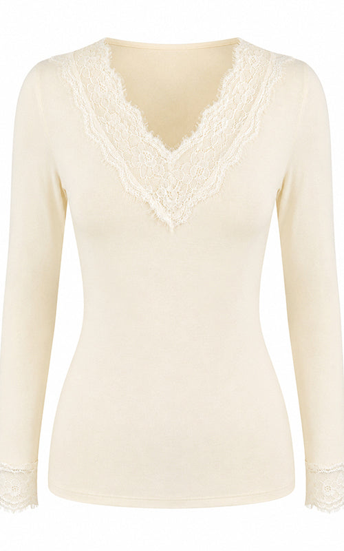 Luella ivory modal-cashmere lace trim V-neck long-sleeve base layer top