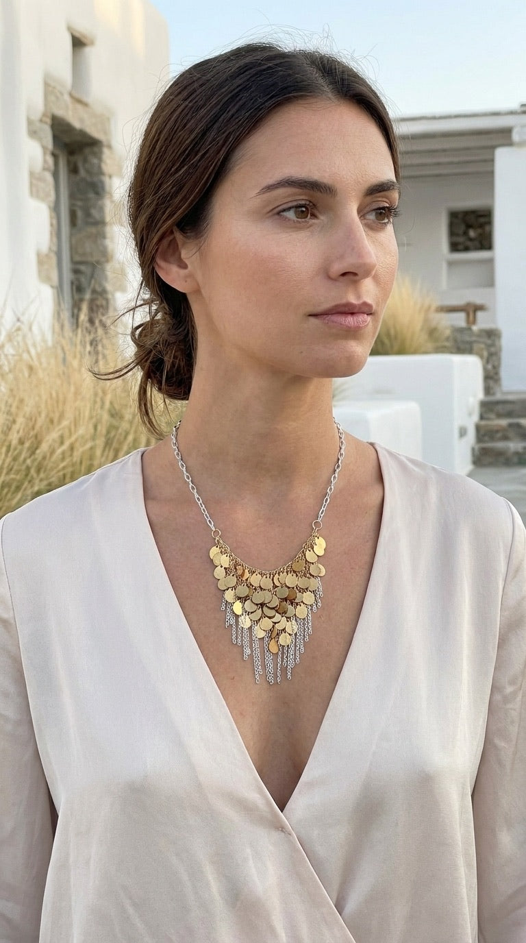 Model wearing Envy gold coin and silver fringe bib necklace with blush pink v-neck wrap top outdoors