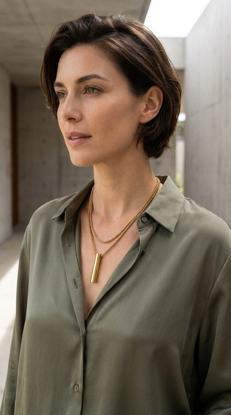 Model wearing Envy gold double chain bar pendant necklace with khaki shirt