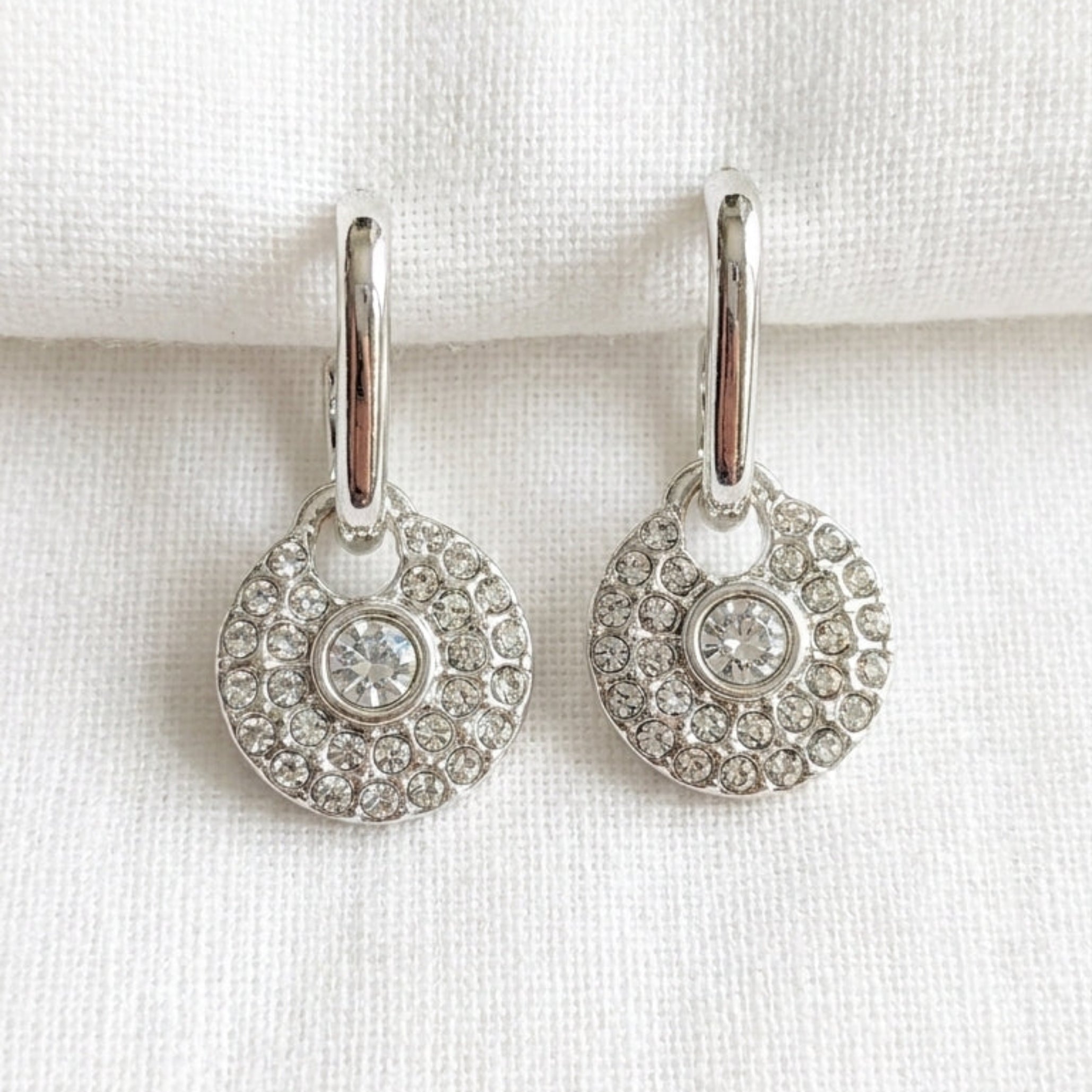 Silver Huggie Hoop Earrings with Pave Crystal Disc Charm
