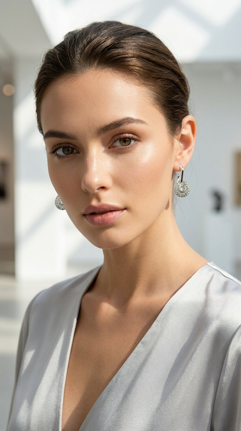Silver Huggie Hoop Earrings with Pave Crystal Disc Charm