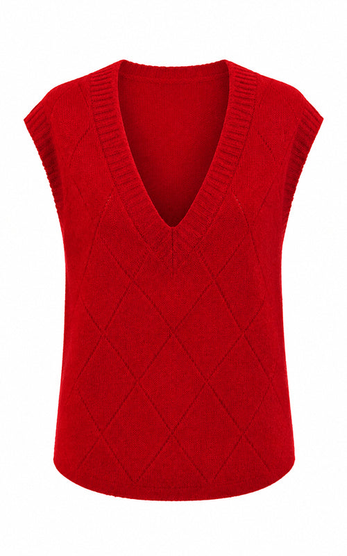Luella Alloa red alpaca blend V-neck sleeveless diamond knit tank top