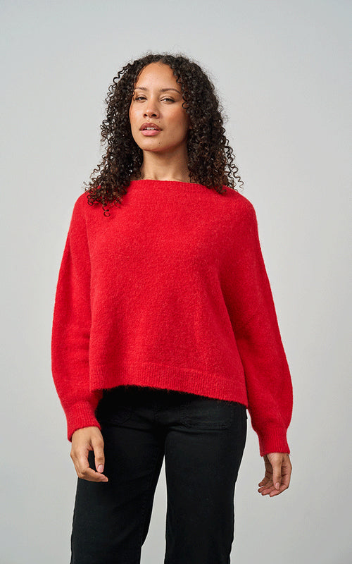 Woman wearing Luella Bettina red alpaca wool blend crew neck jumper with long sleeves