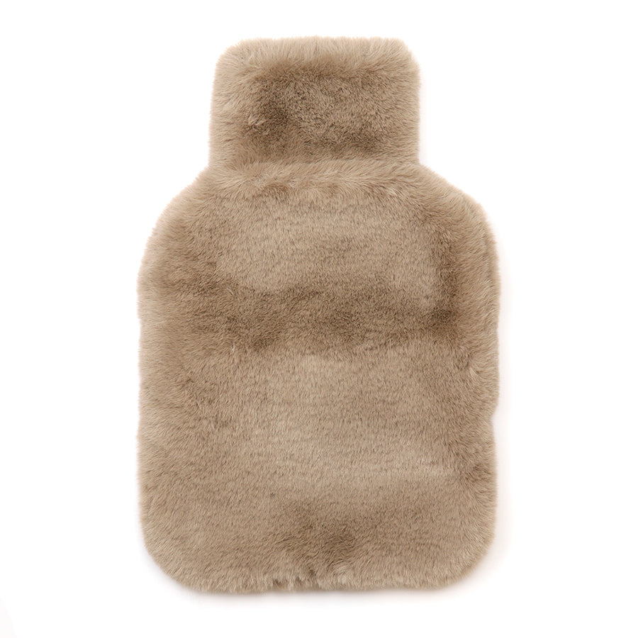 POM Natalia taupe faux fur hot water bottle laid flat against a white background, showing the full-size hot water bottle encased in a plush, fluffy taupe faux fur cover.