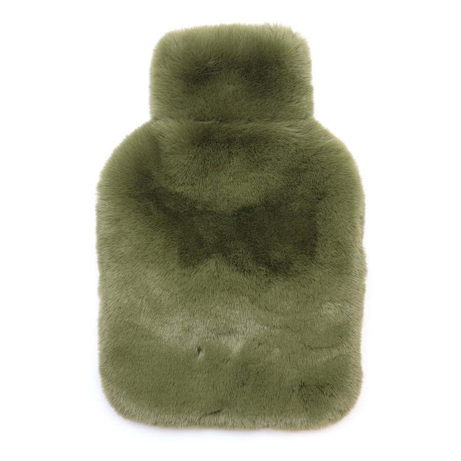 POM Natalia khaki faux fur hot water bottle laid flat against a white background, showing the full-size hot water bottle encased in a plush, fluffy olive khaki faux fur cover.