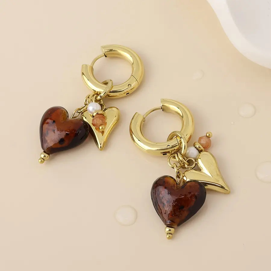 Treasure stainless steel gold plated brown and gold heart hoop earrings