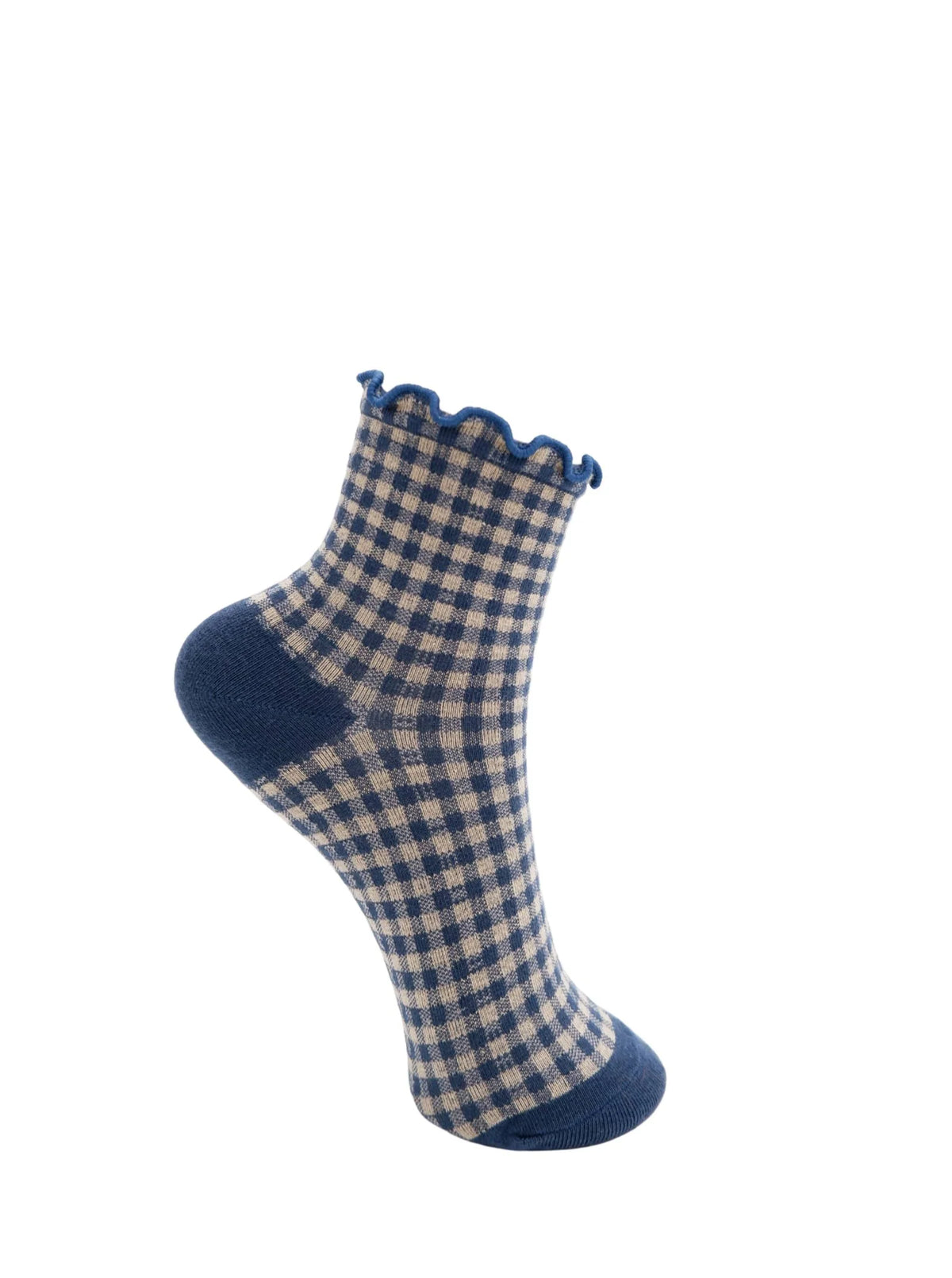 Black Colour BCKaza Socks in Navy. A single ankle sock with a navy blue and beige gingham check pattern, featuring a scalloped ruffle trim at the top and solid navy blue heel and toe sections, shown against a plain white background.