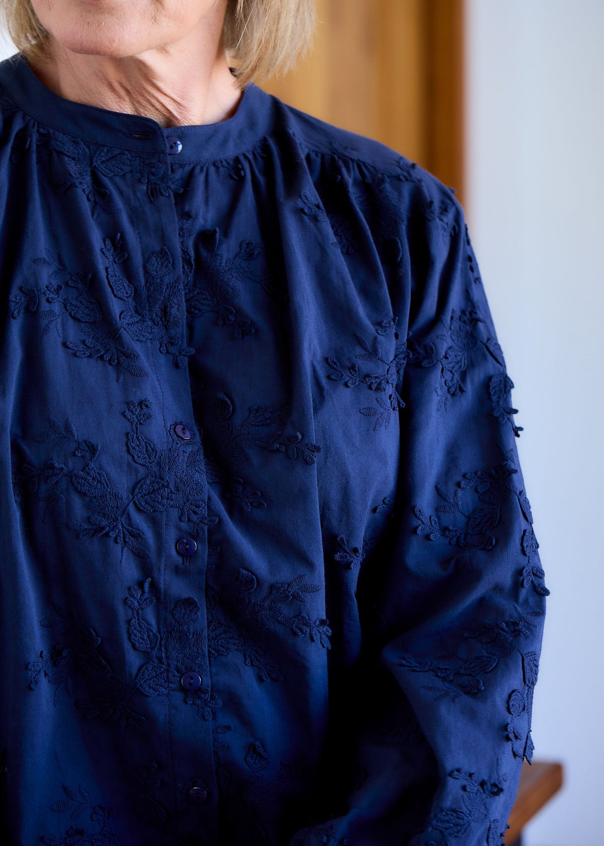 Floral Applique Button Through Blouse in Navy