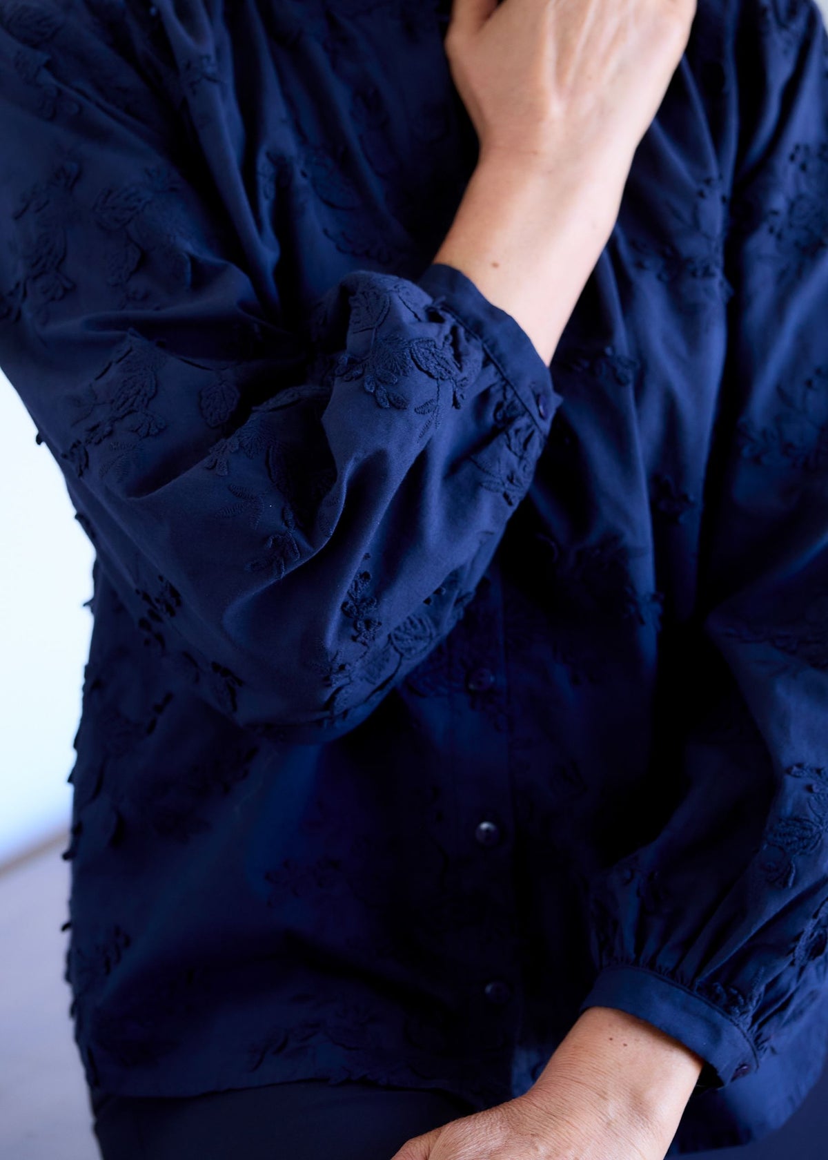 Floral Applique Button Through Blouse in Navy