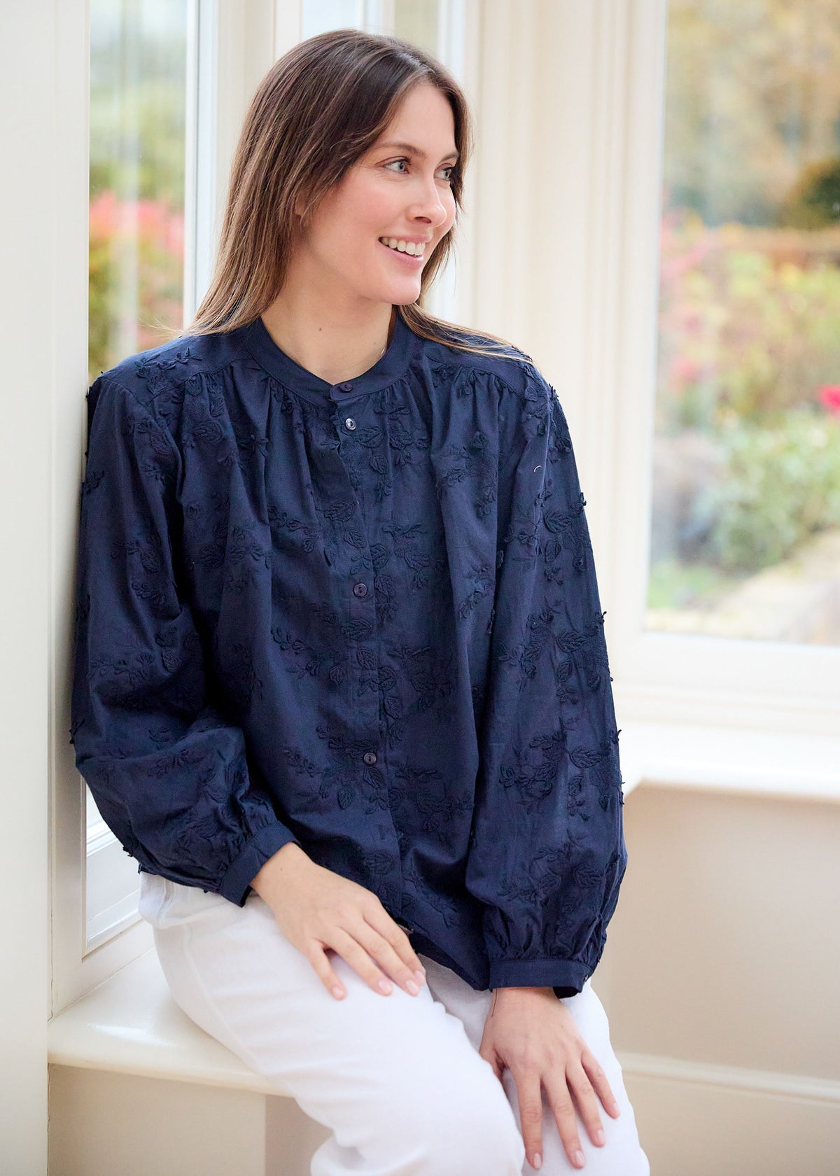 Floral Applique Button Through Blouse in Navy