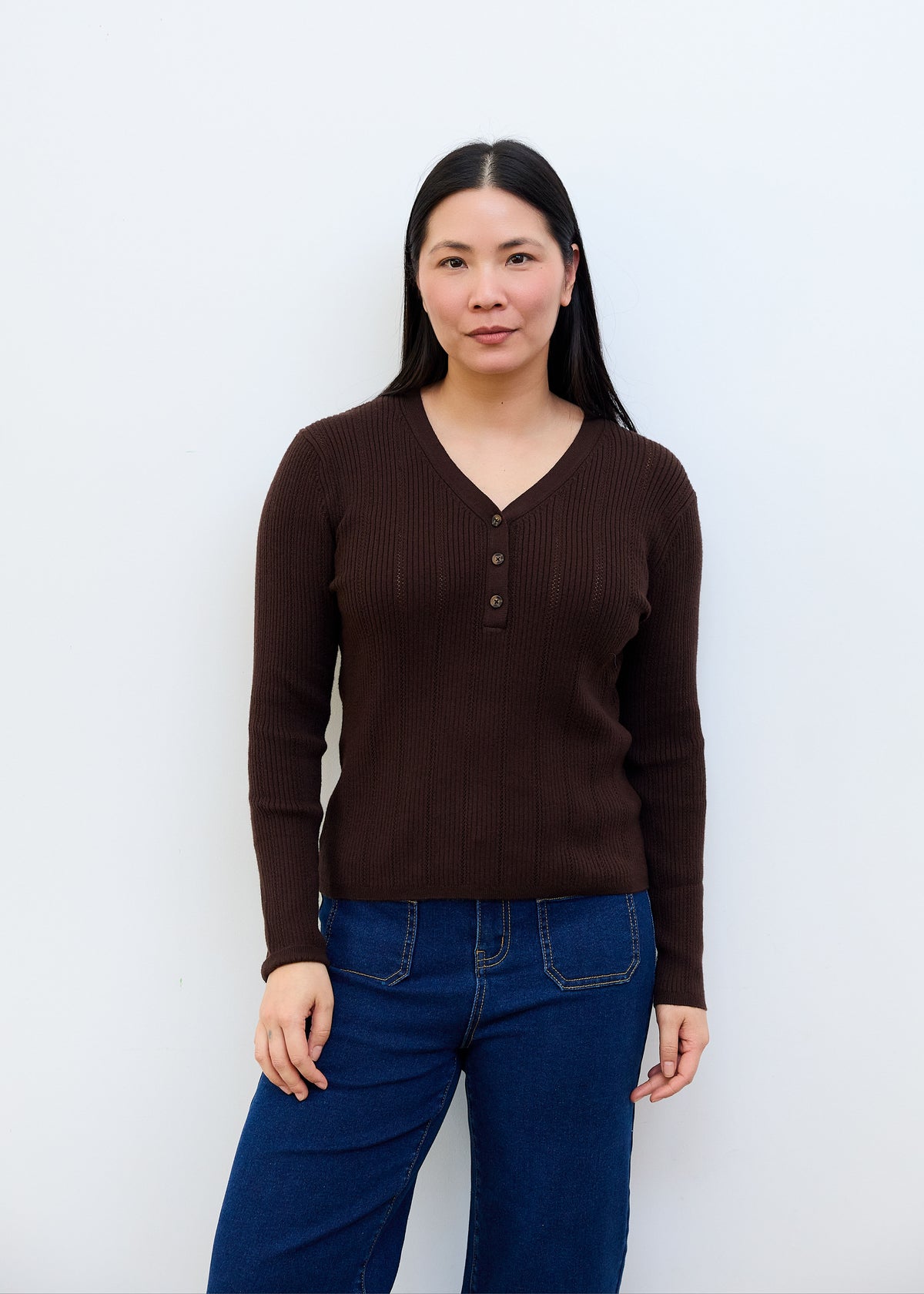 Ribbed Henley Top in Chocolate