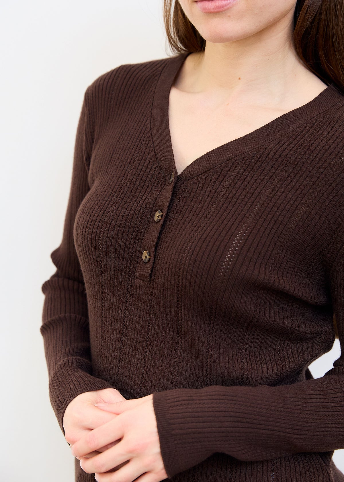 Ribbed Henley Top in Chocolate
