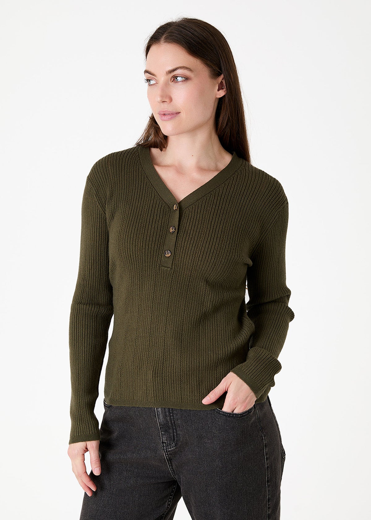 Ribbed Henley Top in Forest