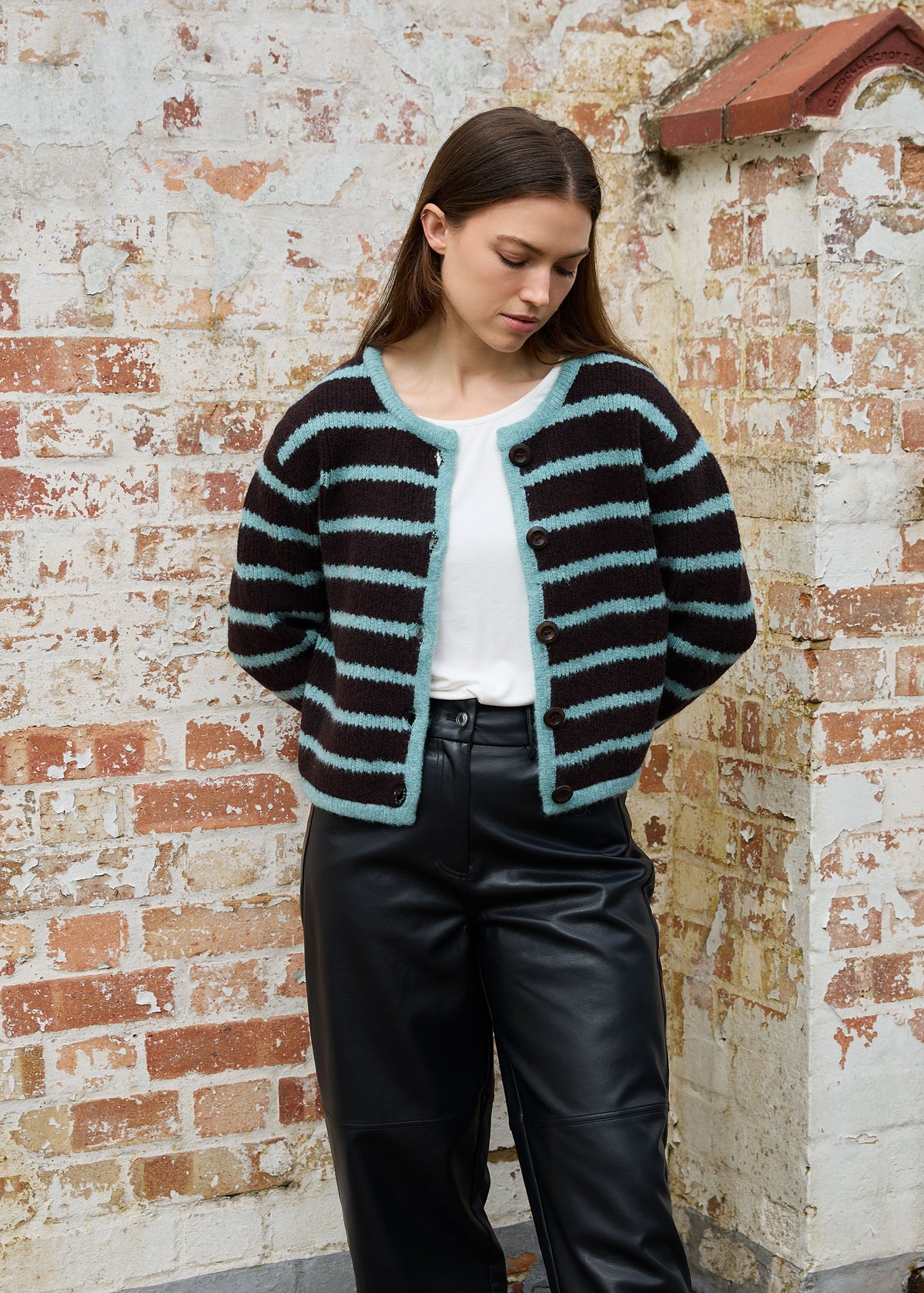 Crew Neck Stripe Cardigan in Chocolate