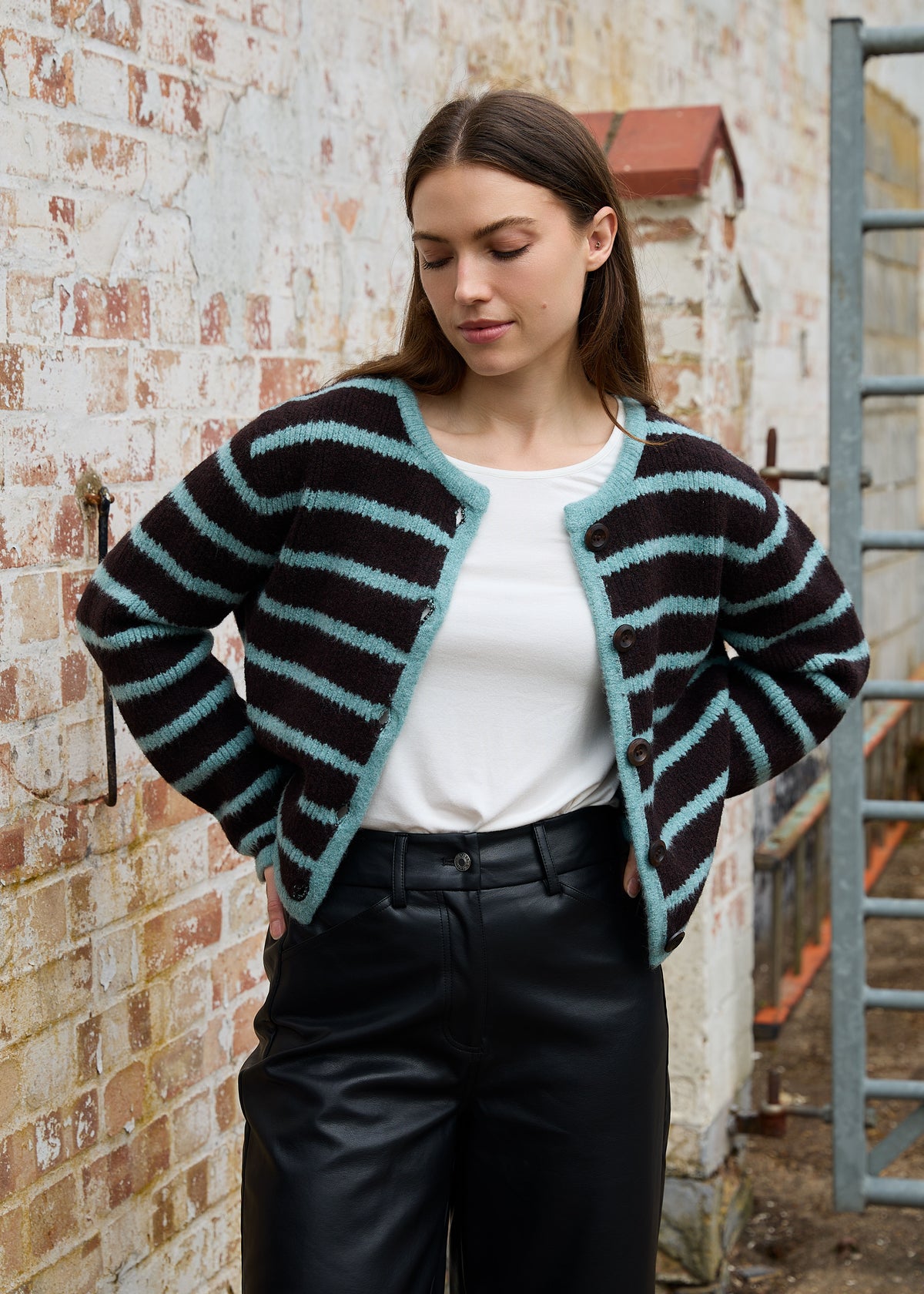 Crew Neck Stripe Cardigan in Chocolate