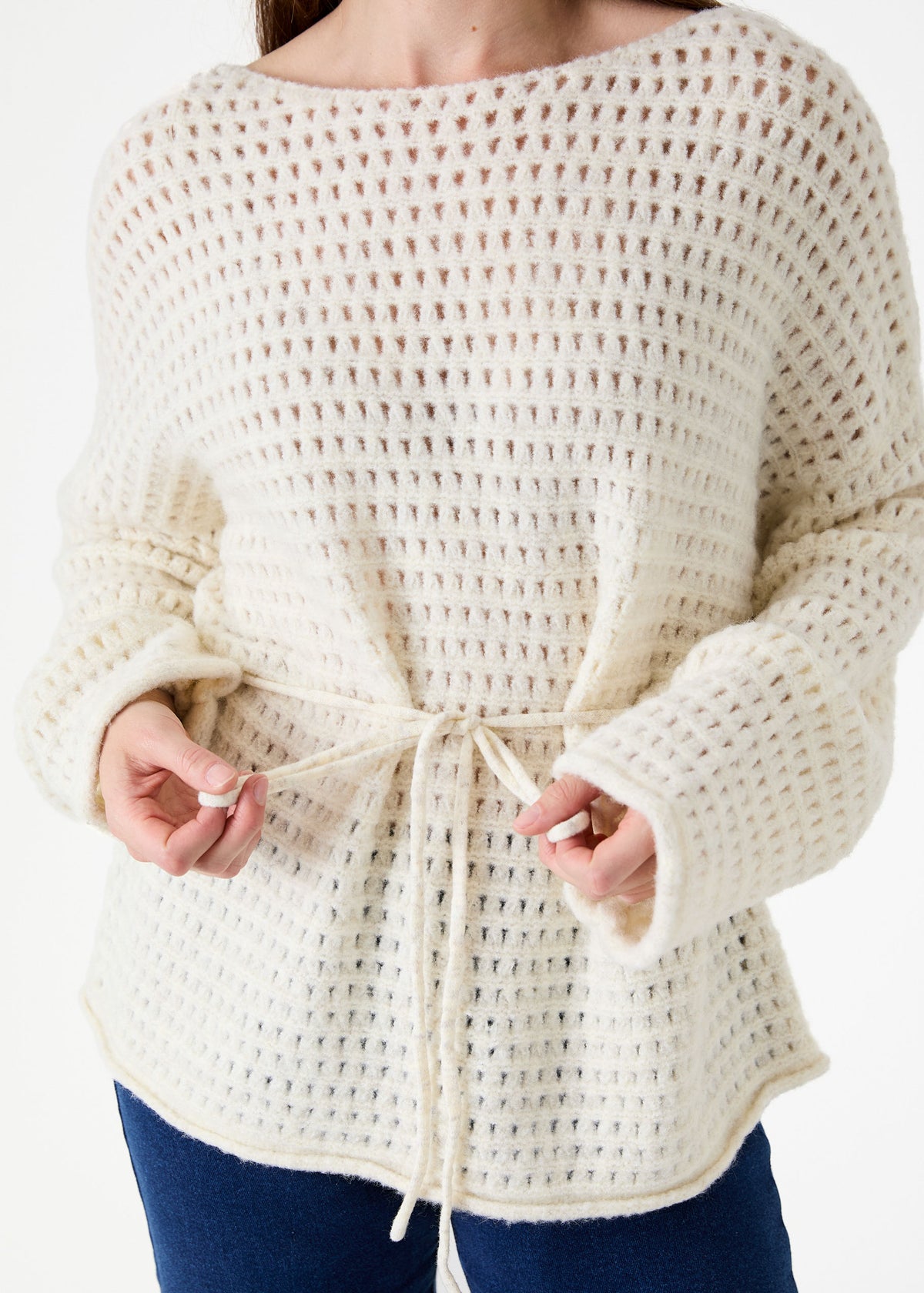 Slash Neck Pointelle Jumper in Ivory
