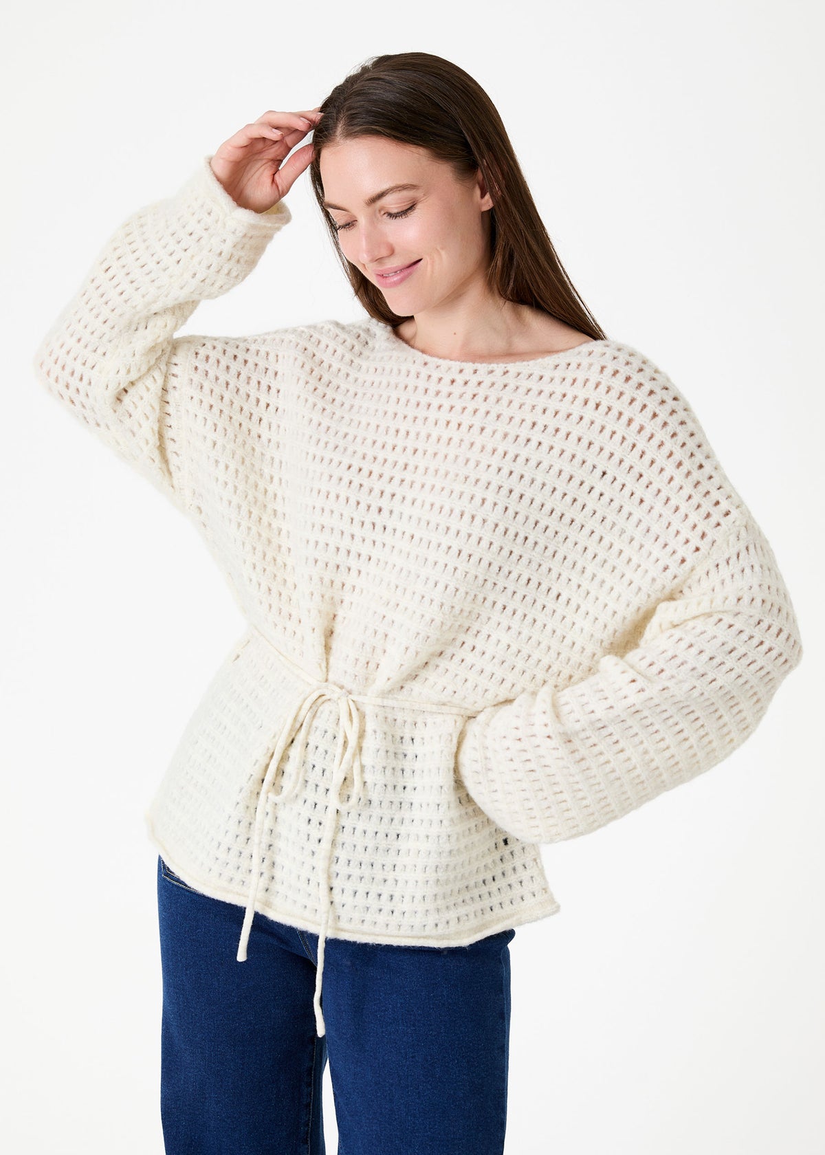 Slash Neck Pointelle Jumper in Ivory