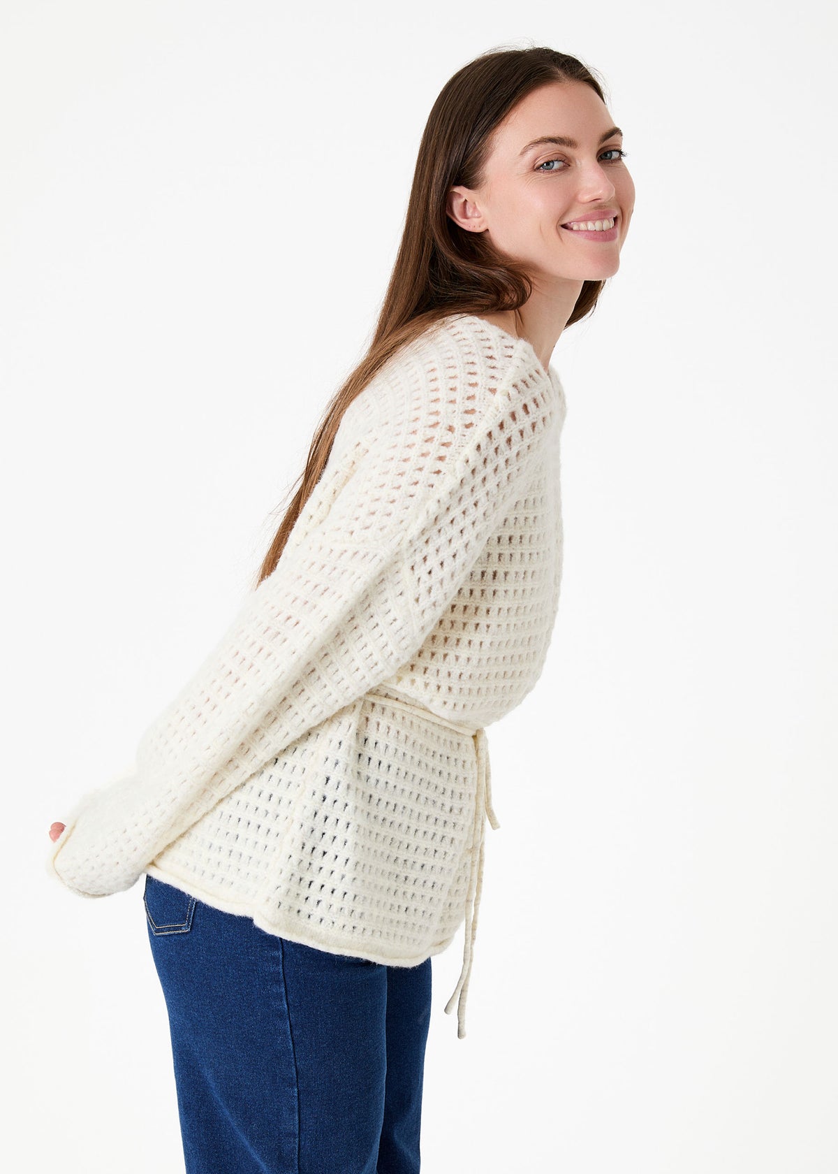 Slash Neck Pointelle Jumper in Ivory