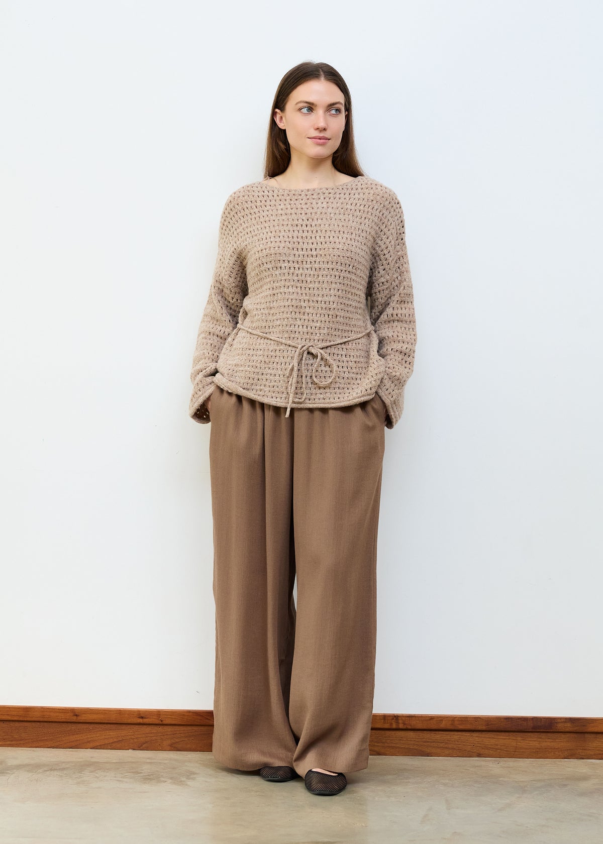 Slash Neck Pointelle Jumper in Mink
