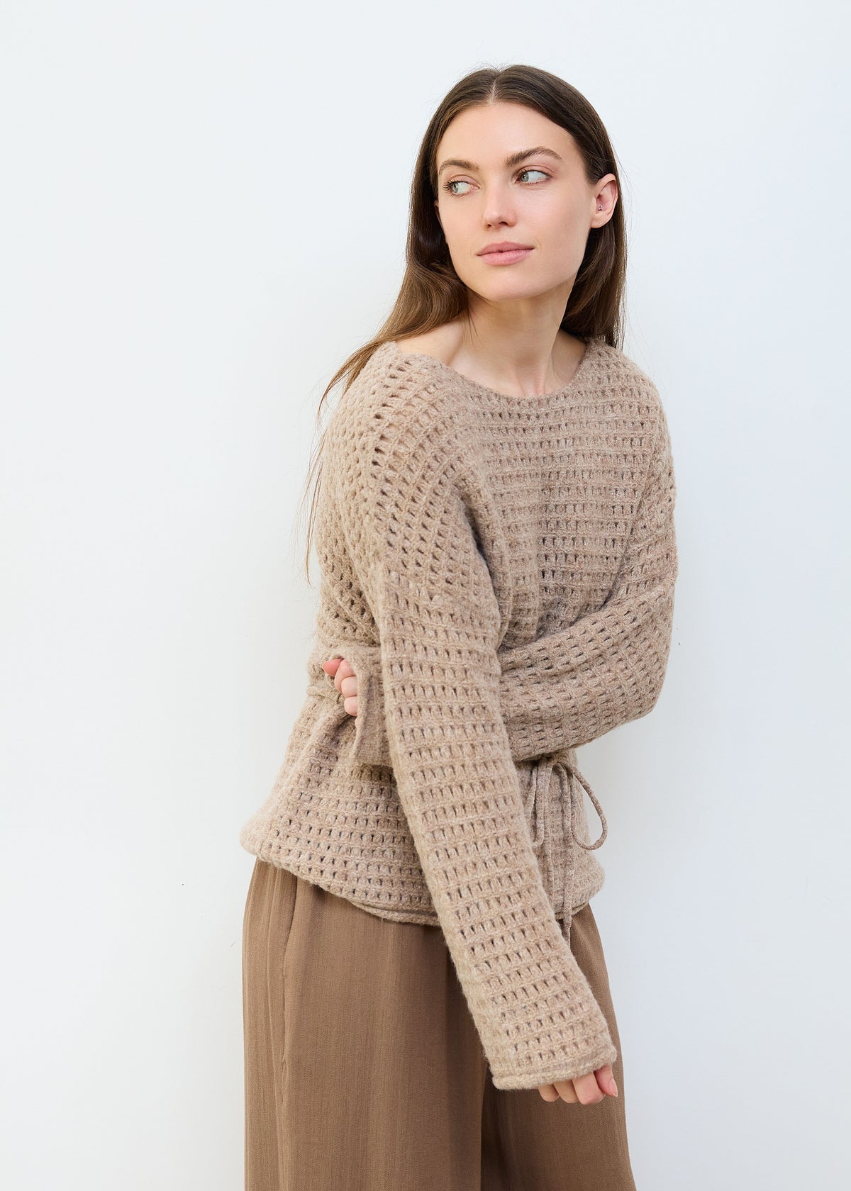 Slash Neck Pointelle Jumper in Mink