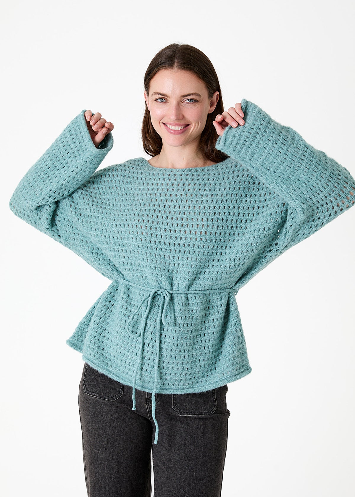 Slash Neck Pointelle Jumper in Sea Spray
