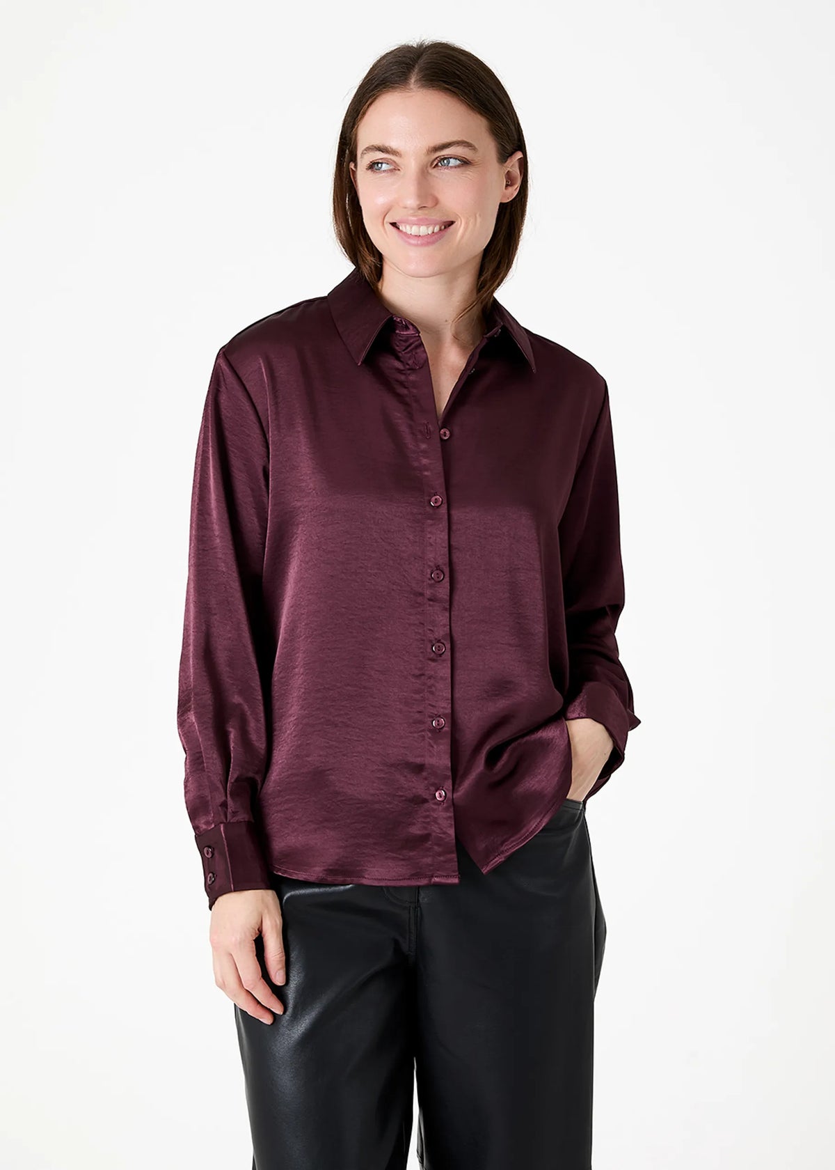 Satin Button Through Shirt in Merlot