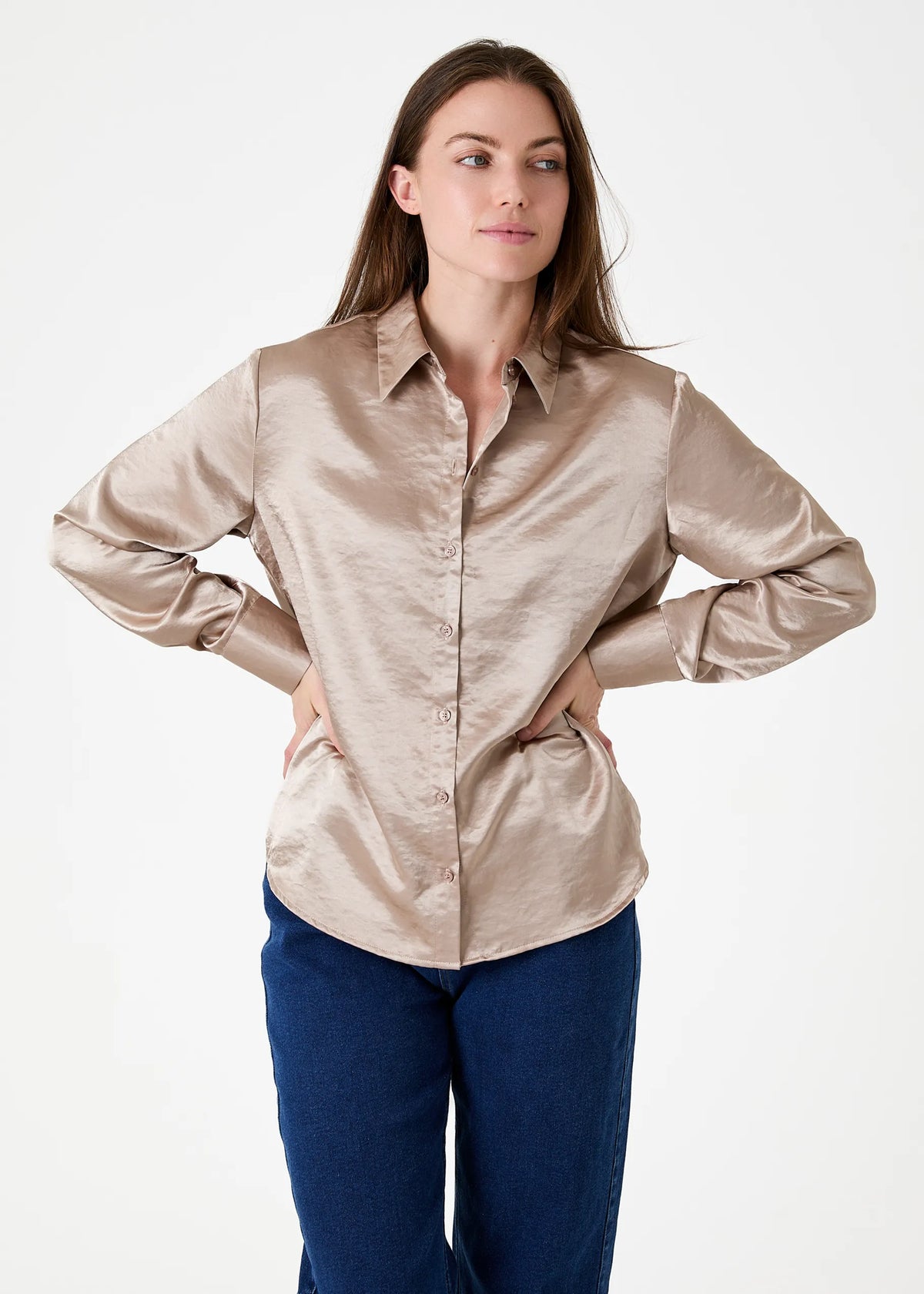 Satin Button Through Shirt in Mink