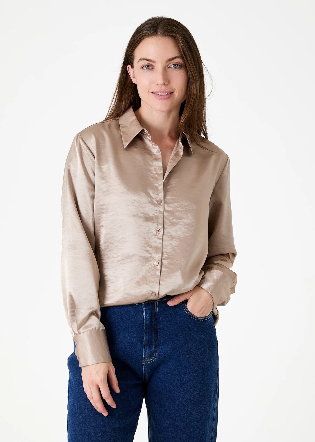 Satin Button Through Shirt in Mink
