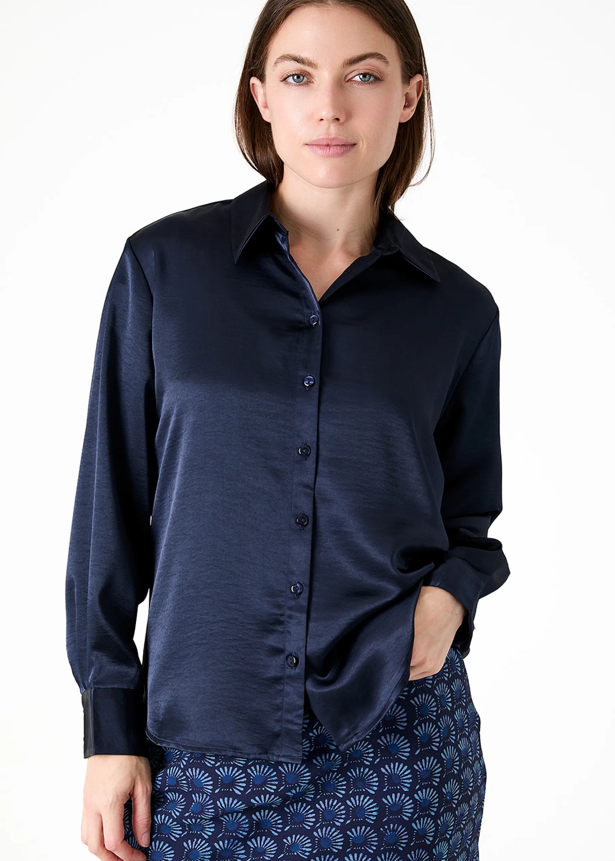 Satin Button Through Shirt in Navy