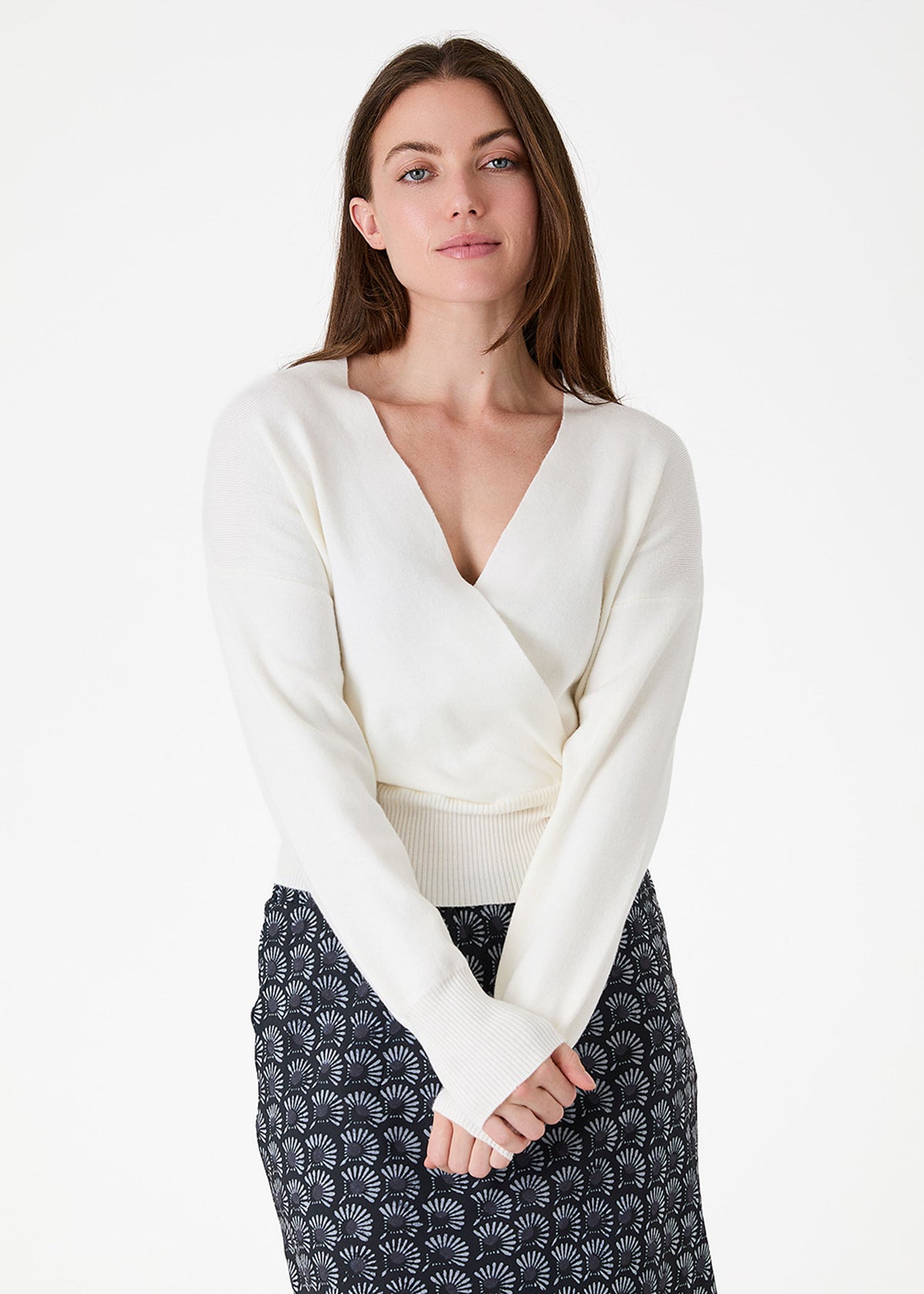 Long Sleeve Wrap Front Jumper in Ivory