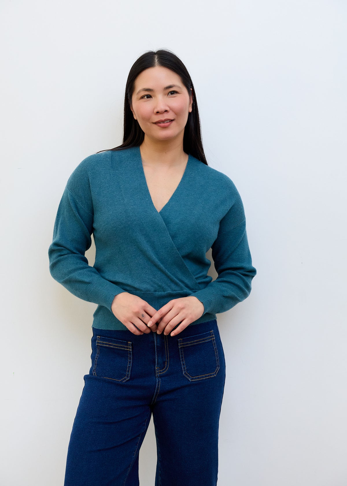 Long Sleeve Wrap Front Jumper in Marine Blue