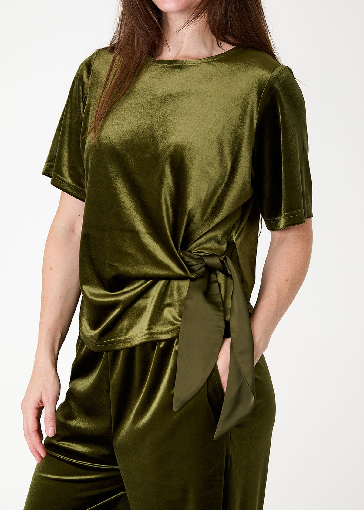 Velvet Side Tie Short Sleeve Top in Forest