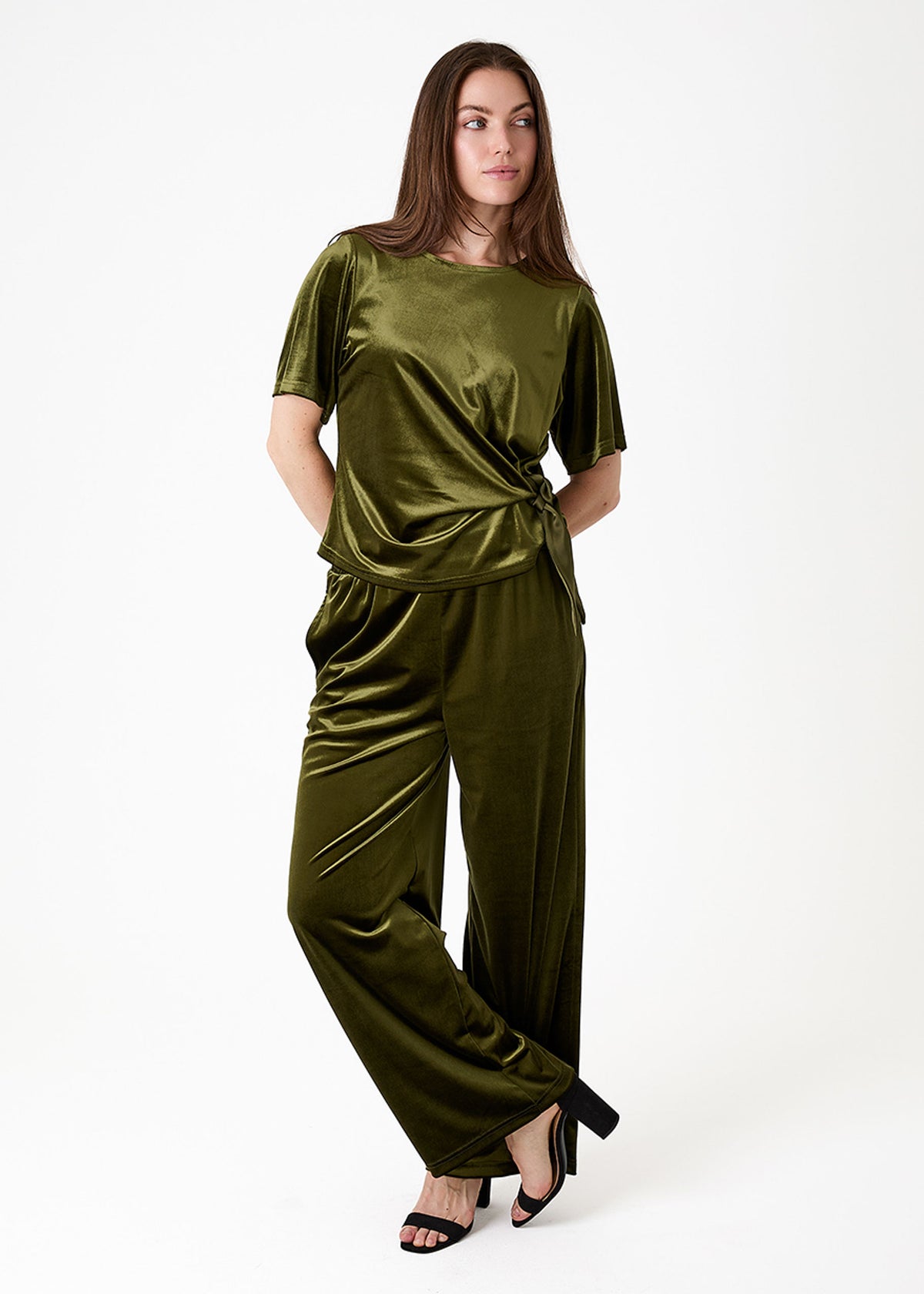 Velvet Side Tie Short Sleeve Top in Forest