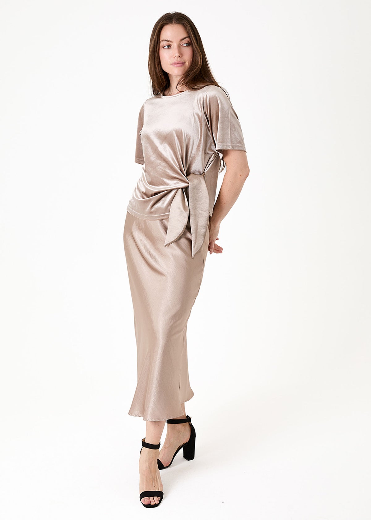 Velvet Side Tie Short Sleeve Top in Mink