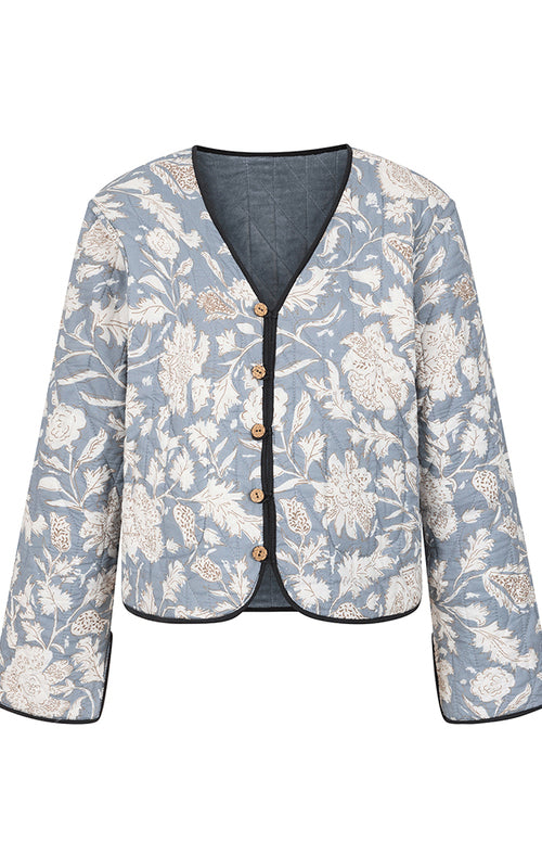 Quilted Velvet Jacket Reversible w/Printed Pattern in Blue